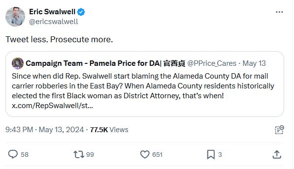 Two scorpions in a bottle: Rep. Eric Swalwell scraps with Oakland's Soros D.A. Pamela Price