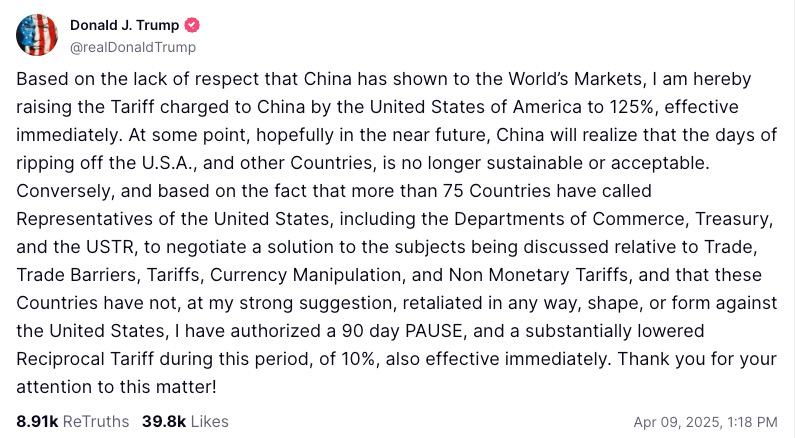 Trump’s tariff plan is coming into focus, as all the world but for China gets relief