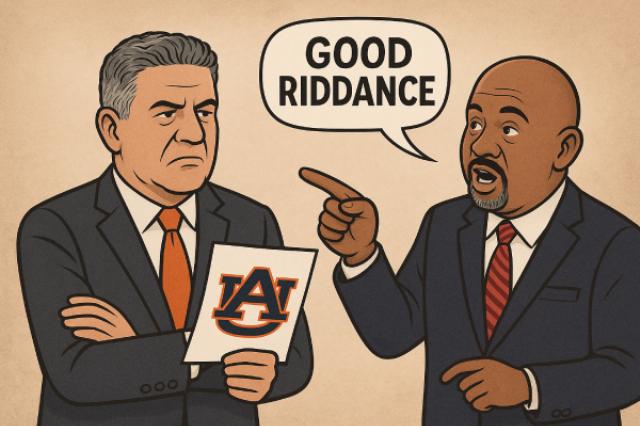 a cartoon of bruce pearl holding a piece of paper with auburn university logo and michael wilbon pointing at him saying good riddance