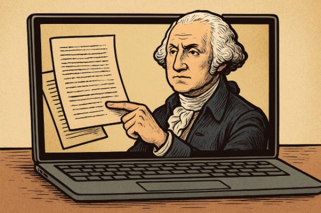 a laptop computer with George Washington on the screen pointing to a document