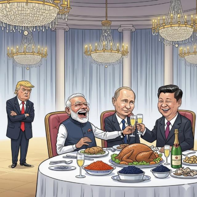 modi putin and xi sit at a food filled table laughing and toasting champaign glasses while trump stands at a distance looking unhappy