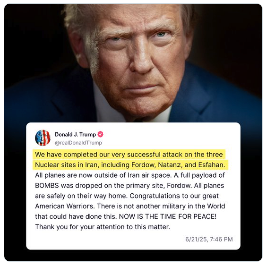 President Donald Trump to Iran: Bombs away! Fordow is gone!