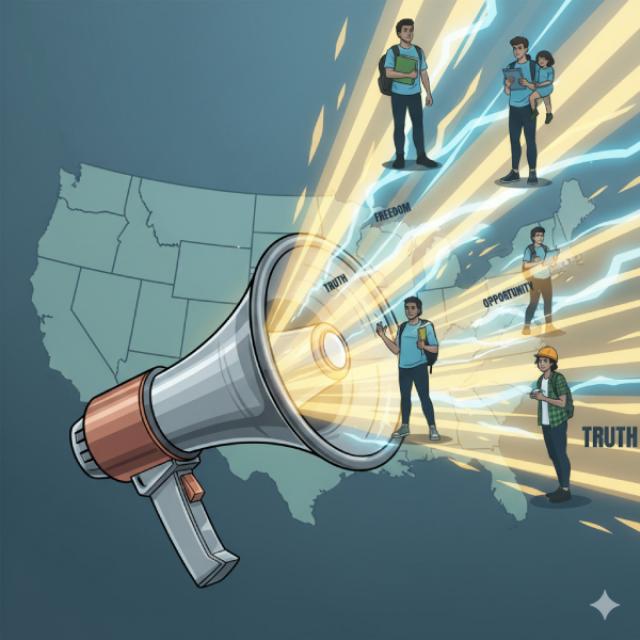 an illustration of a map of the united states behind a large megaphone with blasts of light coming from it sending messages of truth and opportunity to people from various walks of life