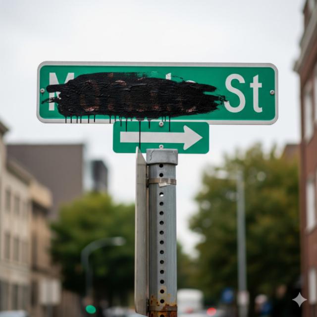 a street sign with the name covered over with paint