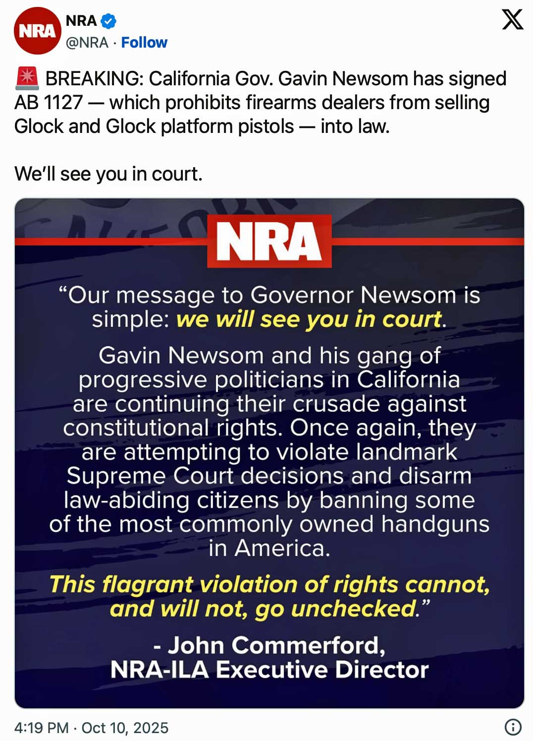 Newsom blocks Glock