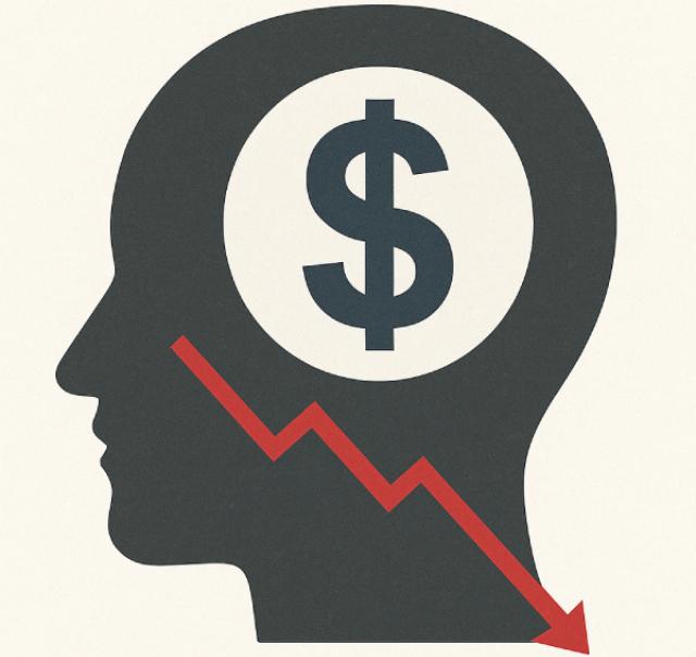 side view of a human head with dollar sign in the brain area with a red downward moving arrow beneath it