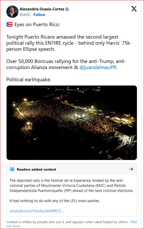 AOC beclowns herself trying to present a concert rally photo as a Puerto Rican anti-Trump protest, gets community-noted on 'X'