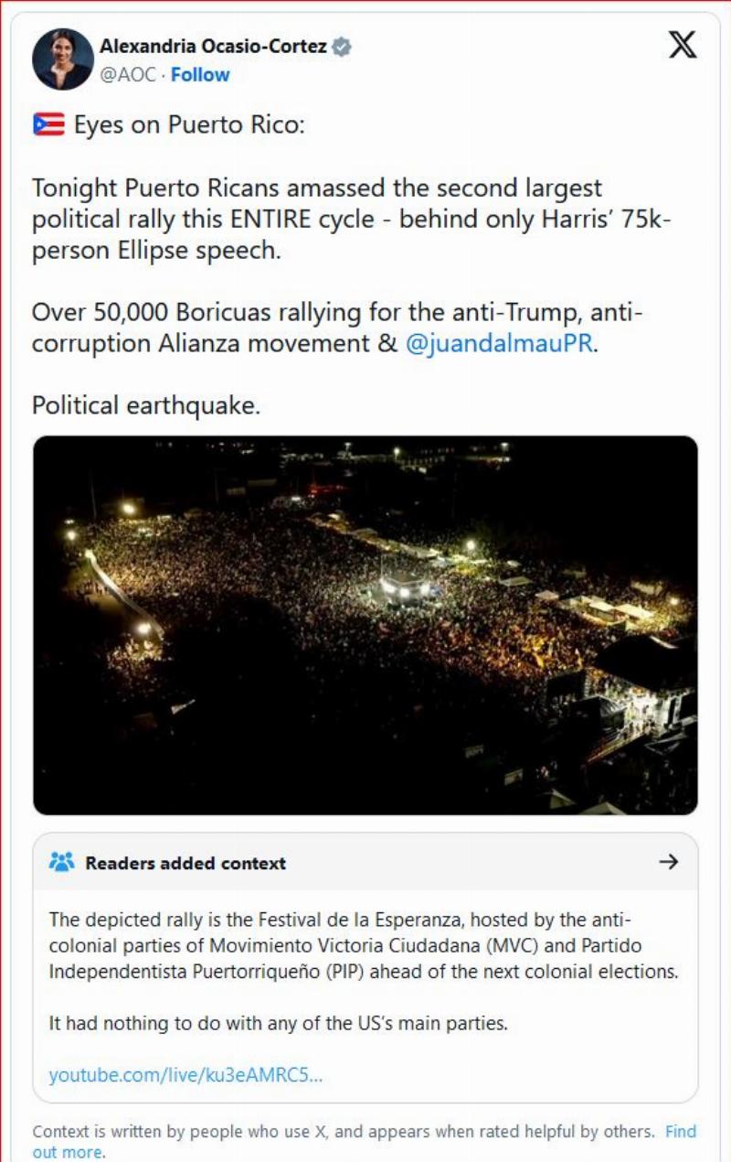 NextImg:AOC beclowns herself trying to present a concert rally photo as a Puerto Rican anti-Trump protest, gets community-noted on 'X'