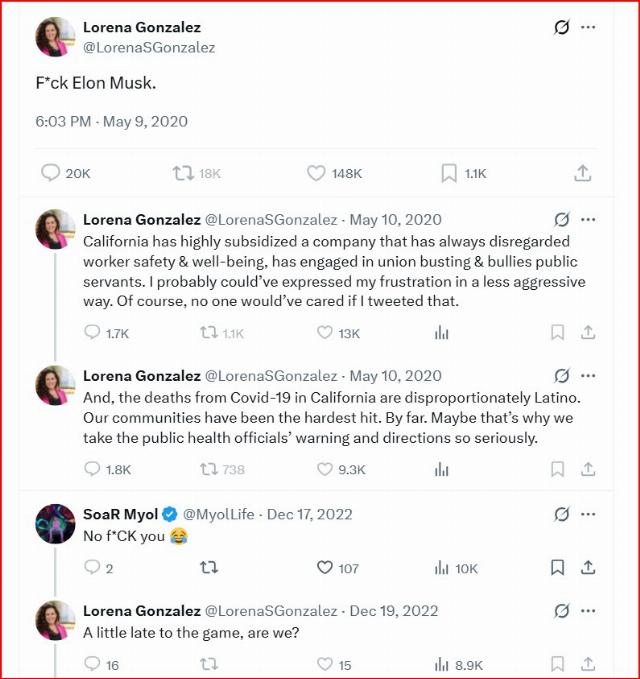 Lorena Gonzalez tweet to Elon Musk