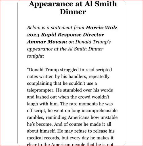 Kamala Harris reacts bizarrely to Trump's stellar appearance at the Al Smith dinner