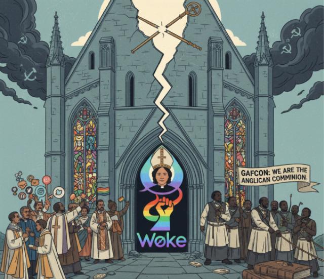 illustration of a church being split with the new female archbishop of canterbury in the doorway and liberal and conservative bishops on the left and right