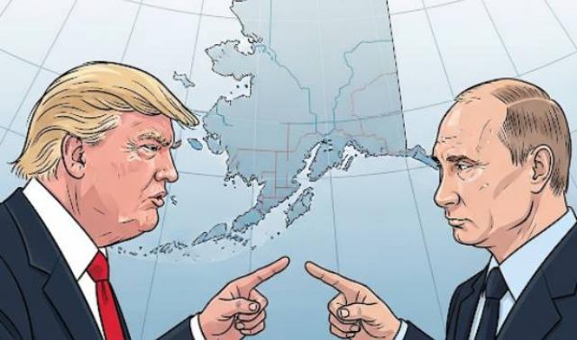 trump and putin in front of a map of alaska pointing fingers at each other