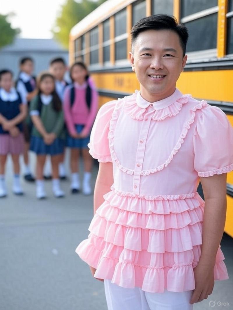 NextImg:Middle-aged man dressing as a little girl given license to drive a school bus—hangs a sign in window that reads ‘Lolita Line’