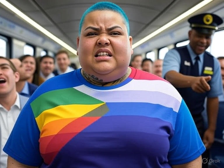 A blue-haired leftist on a train