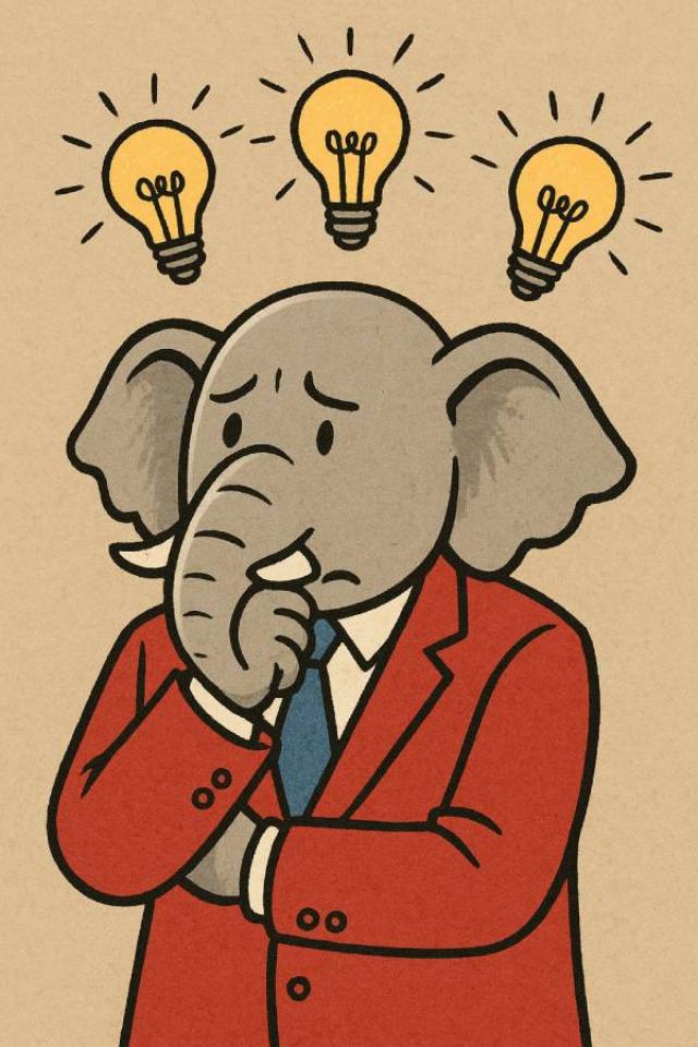 an elephant with a human body wearing a red coat indicating it is the Republican Party maskot with his hand under his chin and three lightbulb over his head