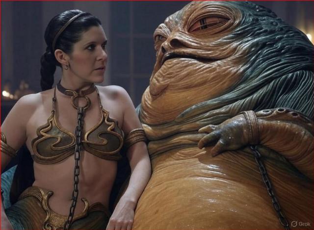 Carrie Fisher as Princess Leia and a Jabba the Hut character