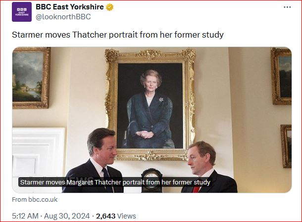 U.K.'s ruling leftists remove the portrait of Margaret Thatcher from her 10 Downing study