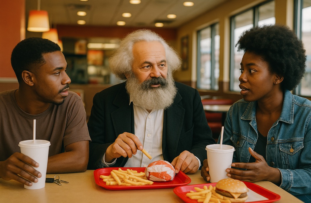 Karl Marx selling communism at a fast food joint