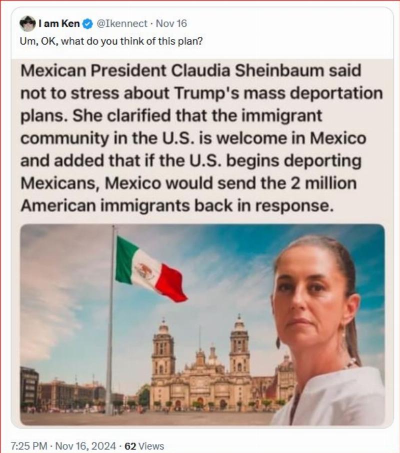 NextImg:Would Mexico's president threaten to deport U.S. expats if Trump mass-deports Mexican illegals?