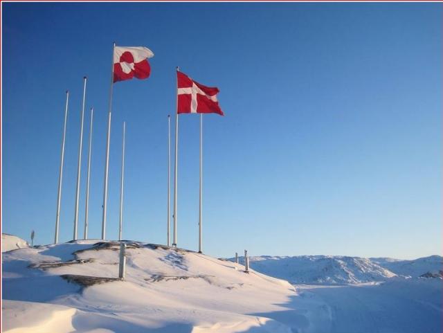 Denmark and Greenland flags in the snow