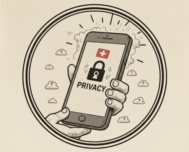 cartoon of hands holding a smartphone with a lock and privacy written on it