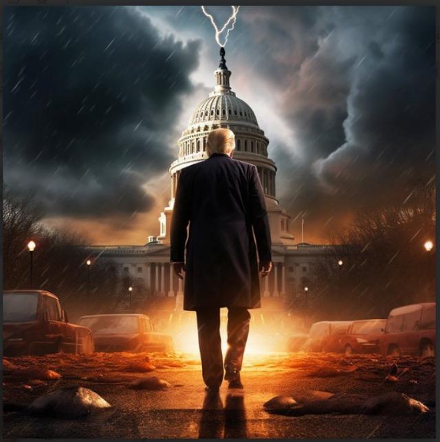 Trump walking into storm ai illustration