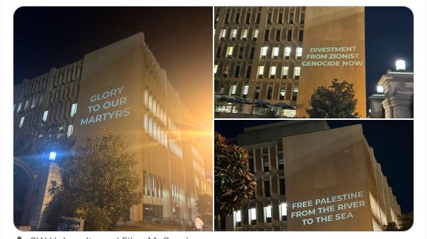 Nauseating: George Washington University projects Hamas-glorifying slogans on a building with Jewish donors' names
