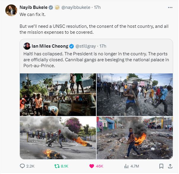 El Salvador's Bukele offers to clean up Haiti