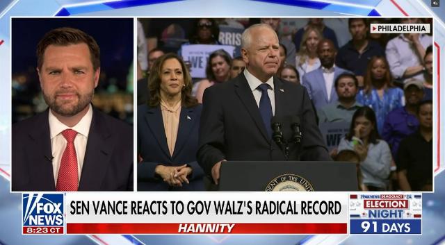 Sen. J.D. Vance interviewed live on Hannity, August 6, 2024Screenshot of FOX News video by Peter B. Chowka. Used by permission of FOX News Media