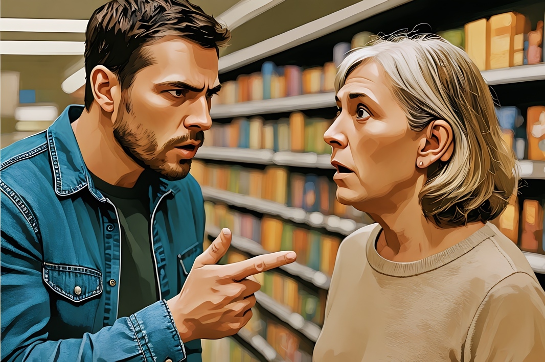 Young man scolding older woman