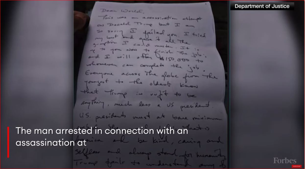 Gunman offers $150,000 'bounty' for killing Trump in letter, DoJ releases it to the public