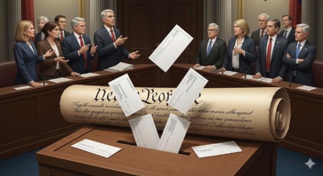 illustration of the Constitution resting on a ballot box with ballots being dropped in and some lawmakers debating each other