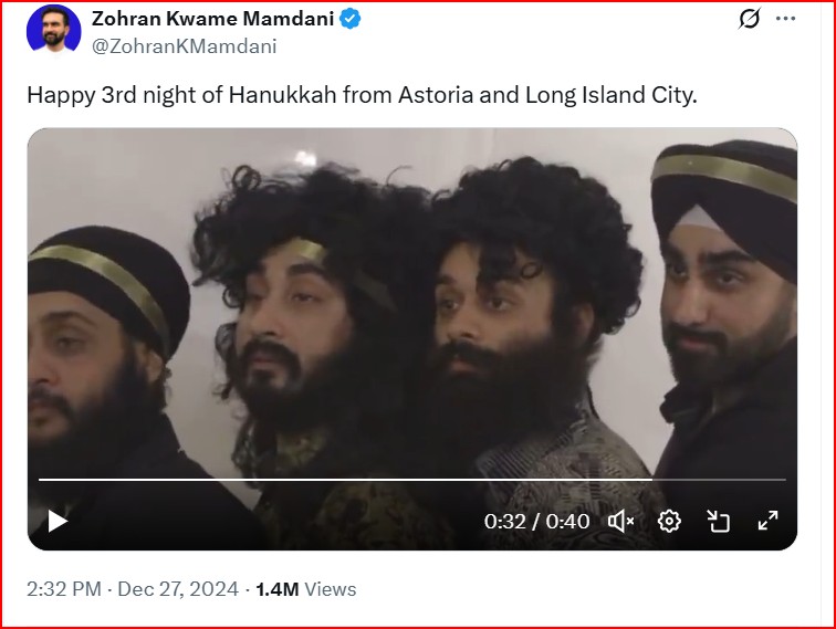 Mamdani posts video mocking Jews on their sacred holiday of Hanukkah