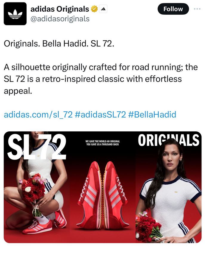 Adidas, founded by a Nazi, picks loudly pro-Hamas supermodel as the face of its 1972 Munich Olympics shoe line