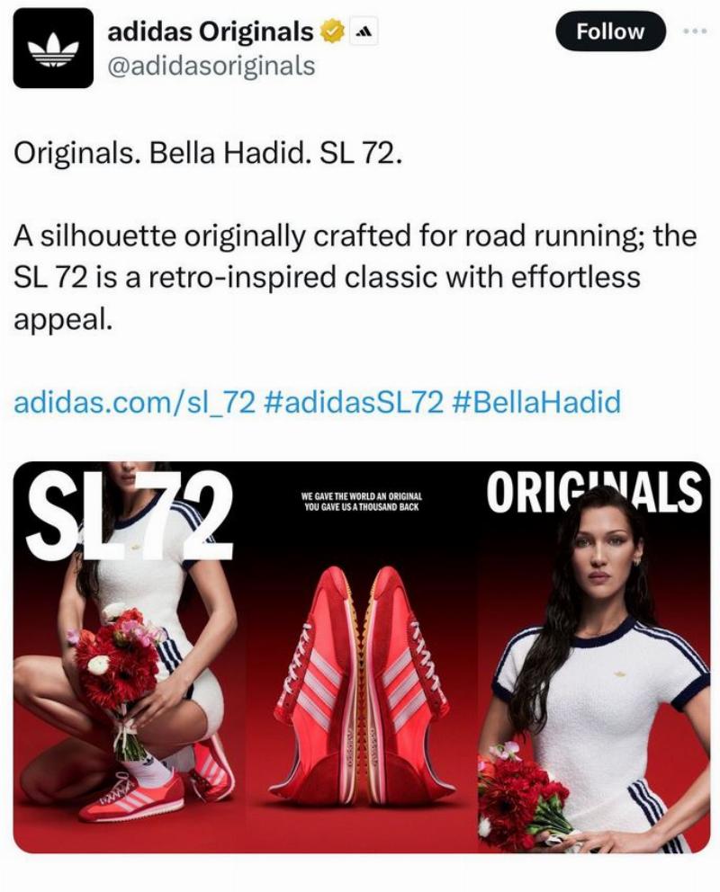NextImg:Adidas, founded by a Nazi, picks loudly pro-Hamas supermodel as the face of its 1972 Munich Olympics shoe line