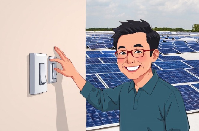 Chinese man turning off solar panels (half AI/half a photo of solar panels)