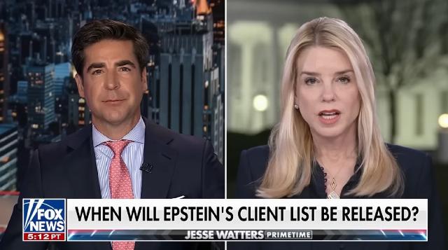 Jesse Watters interviewing Attorney General Pam Bondi speaking from the White House lawn live on Watters World, FOX News Channel, February 26, 2025. Screenshot by Peter B. Chowka used by permission of FOX News Media.