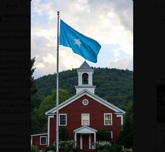 Somali flag over a schoolhouse in vermont ai illustration