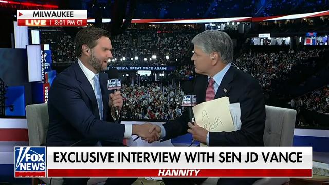 Sen. J.D. Vance and Sean Hannity, live on FOX News July 15, 2024Screenshot of video courtesy and used with permission of FOX News Media