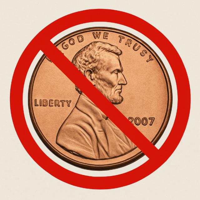a penny with a red circle and slash through it