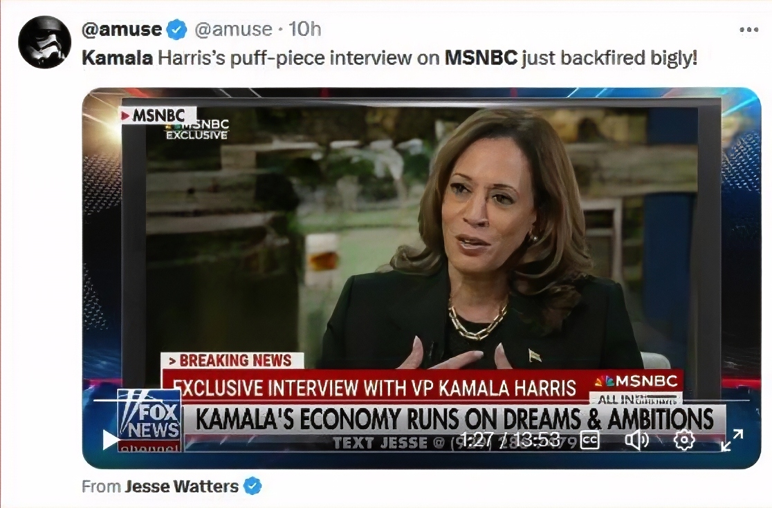 Kamala delivers another load of evasive gibberish to fawning MSNBC interviewer
