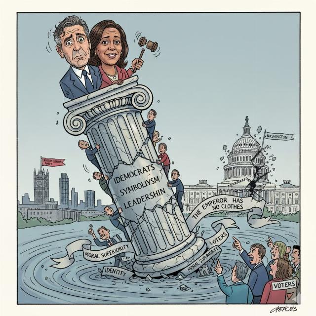 a cartoon of george clooney and kamala harris atop a teetering column with the capitol building and screaming voters surrounding them