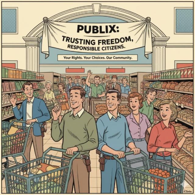 illustration of shoppers carry pistols on their belts while shopping in a publix grocery store