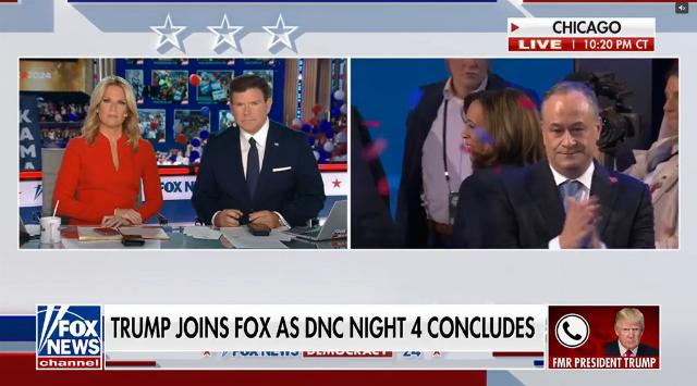 Screenshot of FOX News 11:20 PM ET August 22, 2024 as hosts Martha MacCallum and Bret Baier interviewed Donald Trump liveUsed with permission of FOX News Media