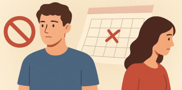 a young man and woman facing away from each other in front of a calendar with a red x on it