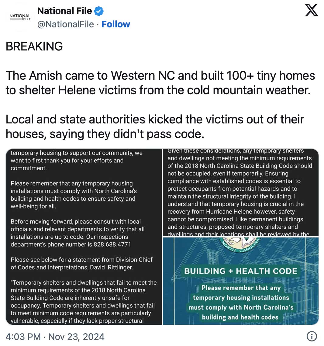 North Carolina dumps on hurricane survivors and the Amish