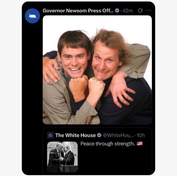 Jackass: Newsom posts 'dumb and dumber' meme about Trump's peace triumph