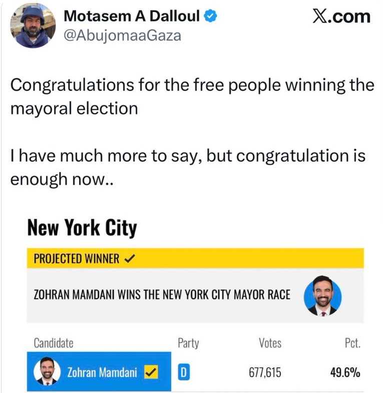 Hamas-linked Jew-hater pours out the congratulations to Mamdani