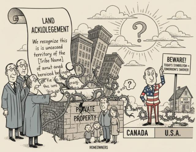 editorial cartoon of a group of robed justices pointing to a large scroll labled land acknowledgement next to a family looking sad they have lost their private property with a man in an american flag suit warning beware