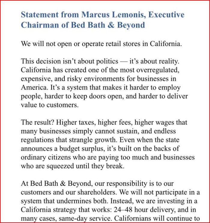 Bed, Bath & Beyond flees California, tells the world exactly why